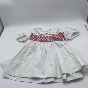 Vintage Tic Toc Infant Girls White Dress with Red Smocking Size 12 Months
